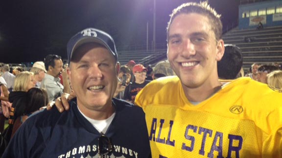 Lynn Zwahlen stands with his son Aaron Zwahlen after the 2013 Lions All-Star Game in Modesto.
