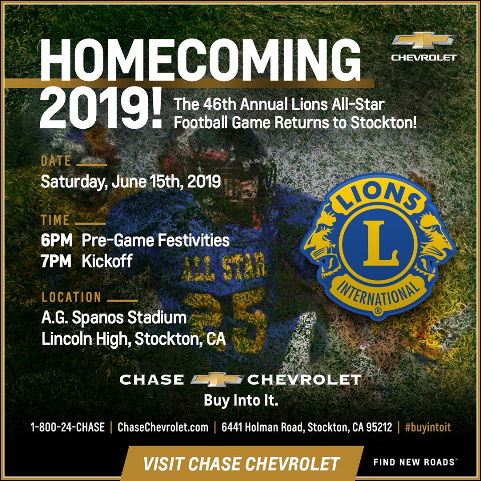 Homecoming 2019 poster for the 46th Annual Lions All-Star Football Game returning to Stockton.